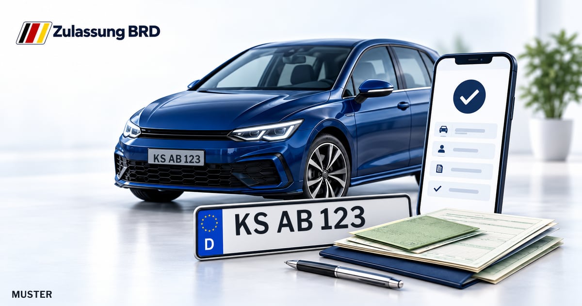 Online Fahrzeugzulassung in Kassel: Musterkennzeichen KS AB 123, Auto und Fahrzeugpapiere und Smartphone. Illustration mit Logo von Zulassung BRD.